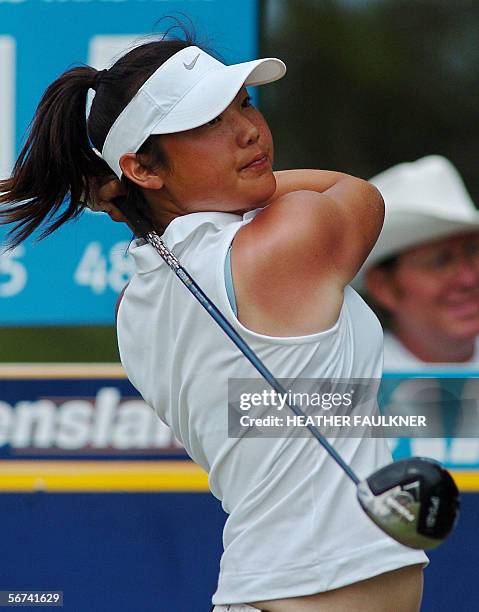 American amateur golfer Tiffany Joh fires a shot down the fairway during the third day of the ANZ Ladies Masters on Australia's Gold Coast, 04...