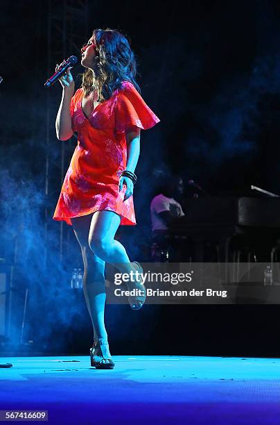 Lana Del Rey on stage for day three of the Coachella Valley Music and Arts Festival April 13, 2014 in Indio.