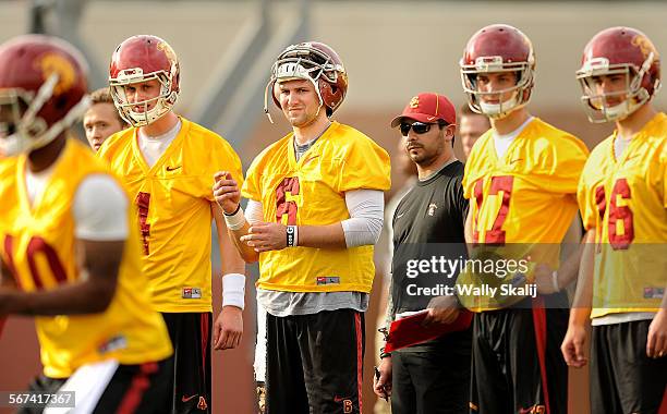 Quarterbacks from left, Max Browne, Cody Kessler, Alex Bridgford and Anthony Neyer look on during the first day of practice at the Trojan campus...
