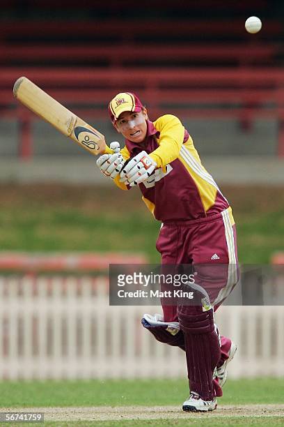 Louise Broadfoot of the Fire hits out during the 2nd Final between the New South Wales Breakers and the Queensland Fire at North Sydney Oval February...