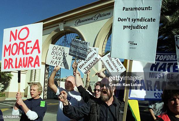 Gays and their supporters protest Paramount Television s plans for a Dr. Laura Schlessinger show in front of the studio s main gate, while across the...