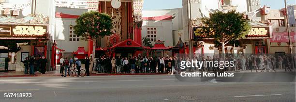 The crowd lines up along Hollywood Boulevard to catch the first showing at Mann's Chinese Theatre of the rereleased "Star Wars.". Crowd lines...
