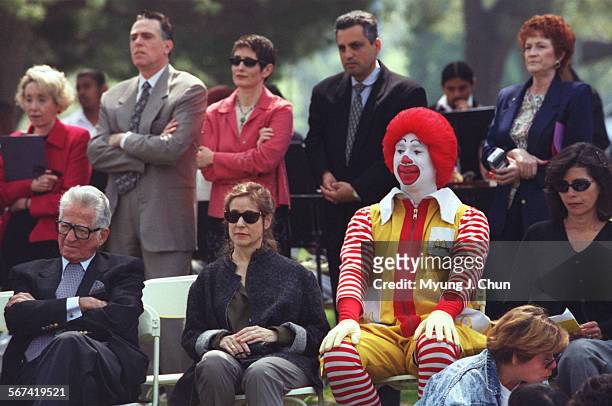 Ronald McDonald and others look on during the groundbreaking ceremony for Shane's Inspiration at Griffith Park  a park named after Shane Williams...