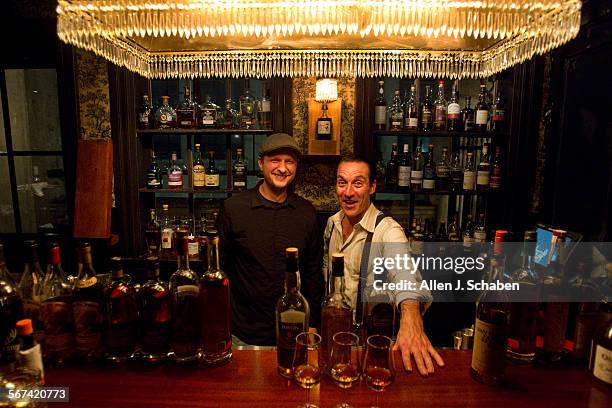 Bartenders Abraham Hanson, left, and Pedro Shanahan at the Whisky bar Jackalope inside the Seven Grand Bar in downtown Los Angeles Thursday, March 6,...
