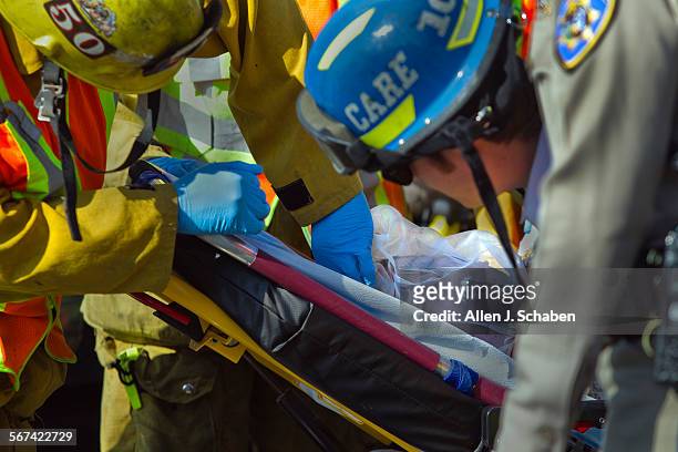Care Ambulance attendants along with Los Angeles County Firefighter paramedics tend to a man acting erratically that led California Highway Patrol...