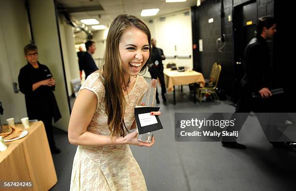 Adult Entertainer Riley Reid is all smiles back stage after winning female performer of the year during the Xbiz adult film awards at the Century...