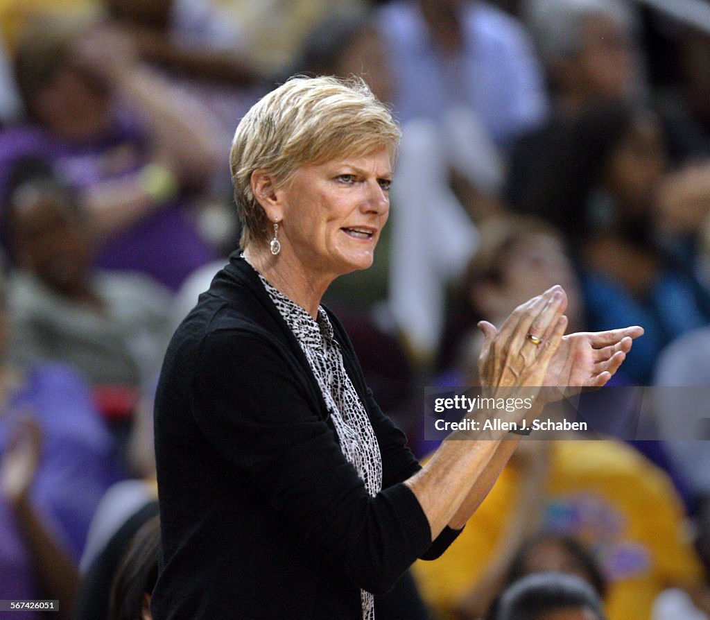 LOS ANGELES, CA  SEPT. 27, 2012: Los Angeles Sparks head coach Carol Ross celebrates a play against