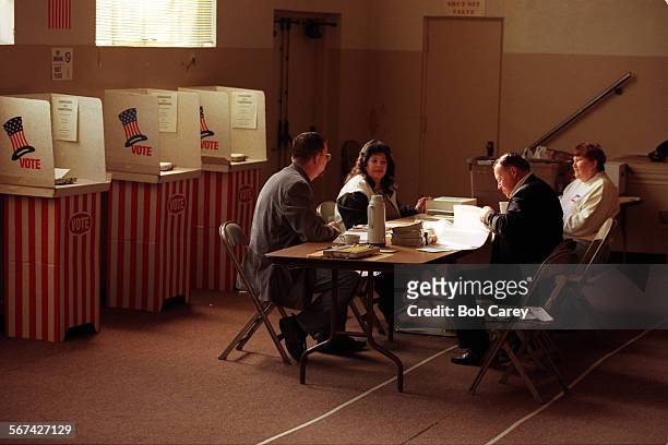 Election.3.0304.bc.aScene at poling place at Jefferson Elementary in Pasadena where precinct workers had little to do because of low voter...