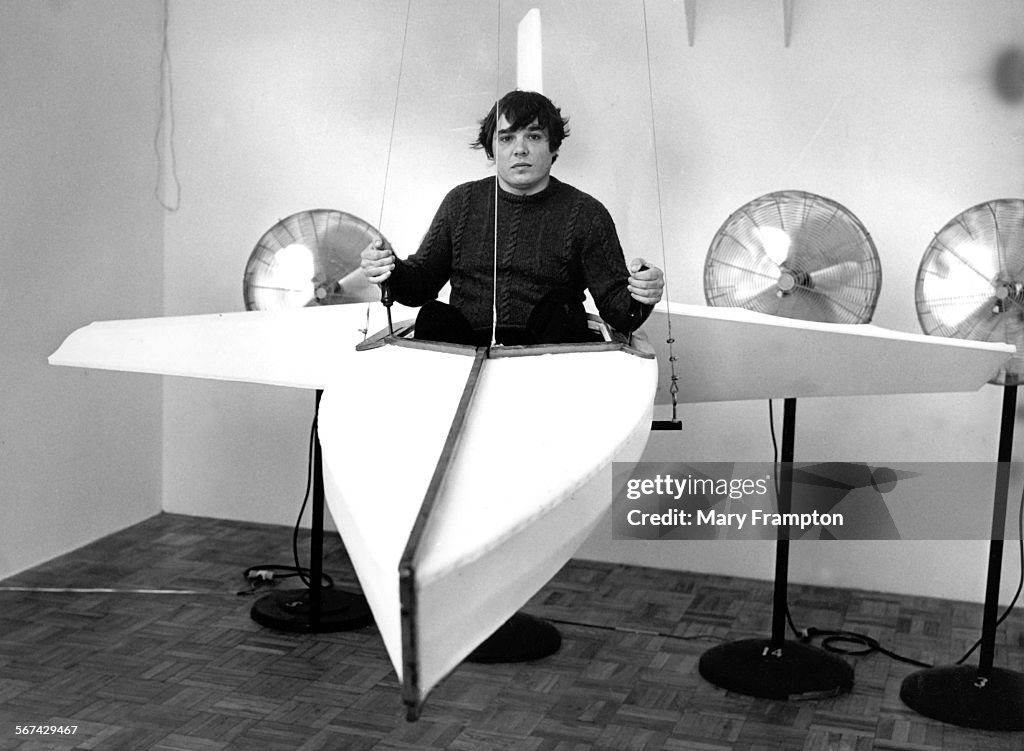 March 10, 1982 ––Chris Burden in his "participation piece" art work entitled "Flying Hayak. " Los An