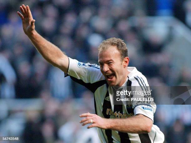 Newcastle United's Alan Shearer celebrates breaking Jackie Milburn's goalscoring record during the English Premiership soccer match against...