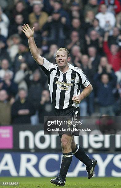 Alan Shearer of Newcastle celebrates scoring his record breaking goal during the Barclays Premiership match between Newcastle United and Portsmouth...