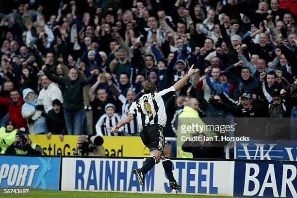 Alan Shearer of Newcastle celebrates scoring his record breaking goal during the Barclays Premiership match between Newcastle United and Portsmouth...