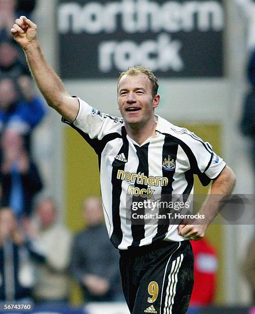 Alan Shearer of Newcastle celebrates scoring his record breaking goal during the Barclays Premiership match between Newcastle United and Portsmouth...