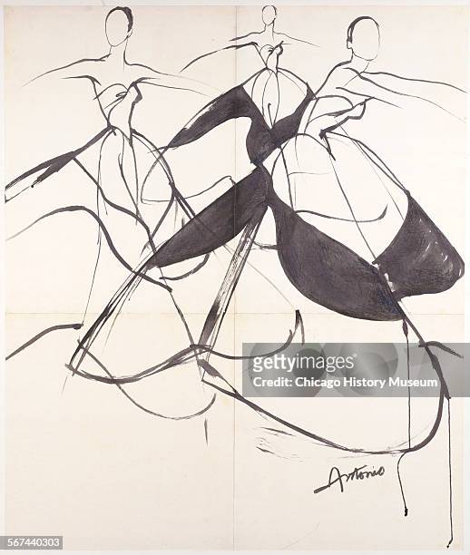 Costume design drawing of ball gown, strapless fitted bodice with bouffant skirt in contrasting colors, 1970. Fashion design by Charles James....