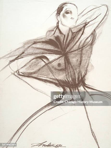 Costume design drawing of hourglass shaped evening dress with sheer shawl and mandarin collar, 1972. Fashion design by Charles James. Illustration by...