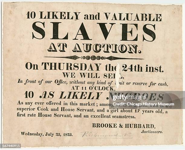 Broadside advertising a slave auction outside of Brooke and Hubbard Auctioneers office, Richmond, Virginia, July 23, 1823.