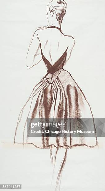 Costume design drawing of cocktail length gown with halter top, v-shaped back, and accordian pleating, 1970. Fashion design by Charles James....