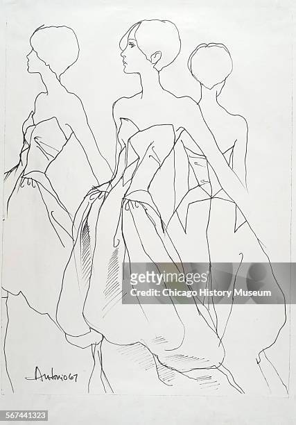 Costume design drawing of strapless evening gown with fitted bodice and bouffant knee length skirt ballooning over floor-length skirt, 1970. Fashion...