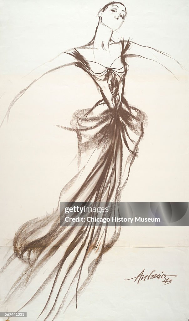 Floor-length dress with low decollete & draped skirt