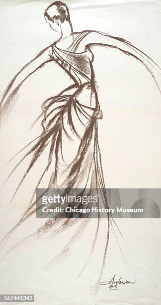 Costume design drawing of ball length dress with fitted bodice, low decollete, cap sleeve and draped skirt, 1973. Fashion design by Charles James....