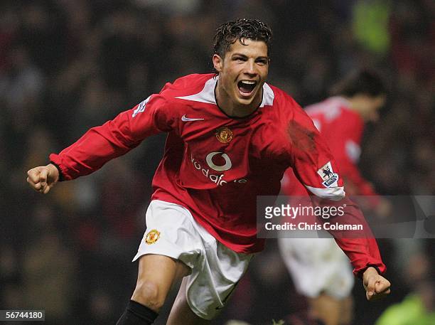 Cristiano Ronaldo of Manchester United celebrates scoring their fourth goal during the Barclays Premiership match between Manchester United and...