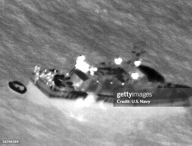 In this handout provided by the U.S. Navy, infrared imagery taken from a U.S. Navy P-3C Orion maritime patrol aircraft, assisting in search and...