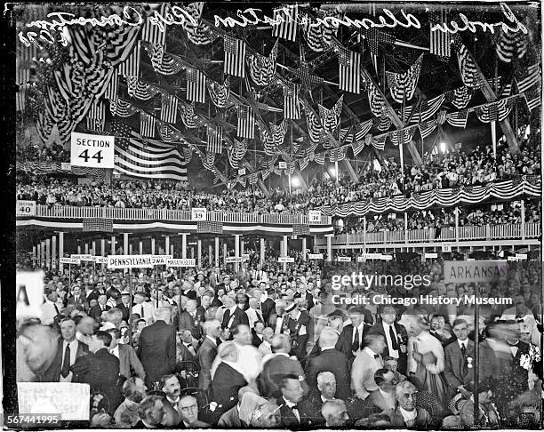 Crowds at the Republican National Convention inside the Coliseum, Chicago, Illinois, circa June 8-12, 1920. The Coliseum was located at 1513 South...