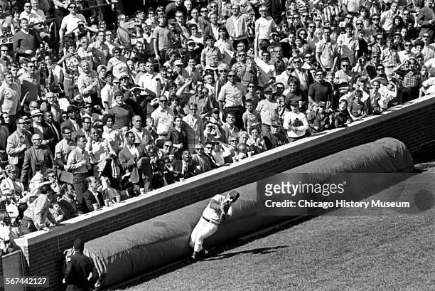 Chicago Cubs baseball player Ron Santo catching a foul ball in the fourth inning during a game against the St Louis Cardinals at Wrigley Field,...