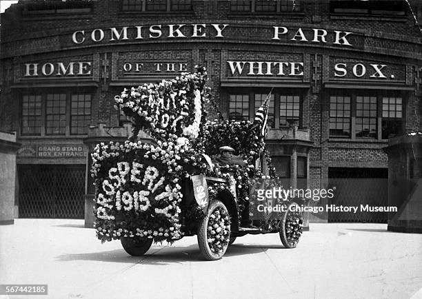 White Sox Prosperity float in front of Comiskey Park, Chicago, Illinois, 1915.