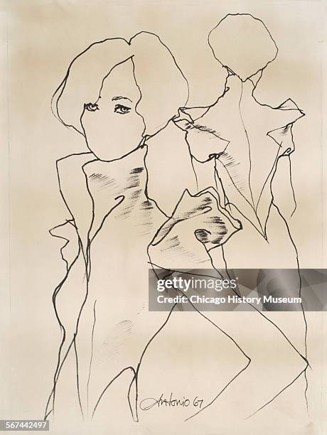Costume design drawing of grosgrain waist length jacket, tulip shaped short puffed sleeves, standing collar, and pointed hemline, 1967. Fashion...