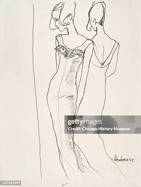 Costume design drawing of floor-length dress with ruffled neckline, 1967. Fashion design by Charles James. Illustration by Antonio Lopez.