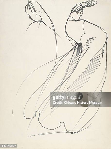 Costume design drawing of floor-length evening dress with fitted waist and billowing skirt, 1970. Fashion design by Charles James. Illustration by...
