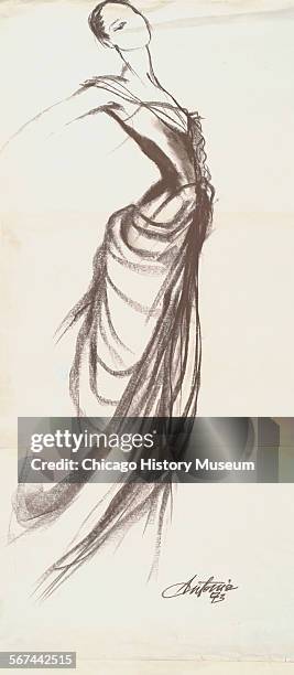 Costume design drawing of ball length dress with fitted bodice, low decollete, cap sleeve, and draped skirt, 1973. Fashion design by Charles James....
