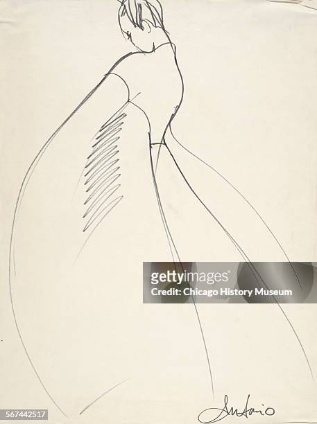 Costume design drawing of floor-length evening dress, 1970. Fashion design by Charles James. Illustration by Antonio Lopez.