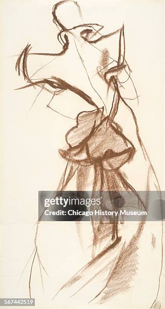Costume design drawing of ball gown with kimono shaped bodice, standing collar, and stove pipe sleeves, 1970. Fashion design by Charles James....