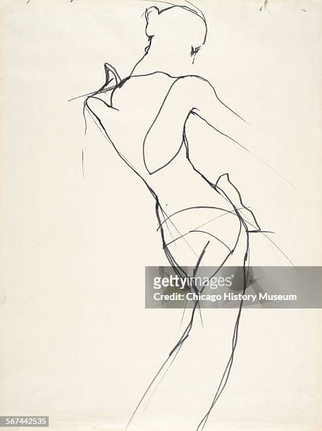 Costume design drawing of wrapped evening dress with cut-out shoulder, 1970. Fashion design by Charles James. Illustration by Antonio Lopez.