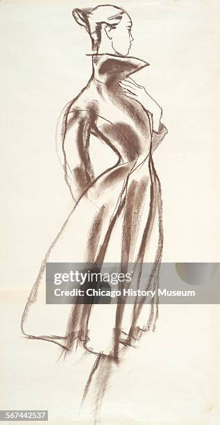Costume design drawing of knee length coat with center front closure, fitted waist, shawl collar, dolman sleeves, and princess line bodice, 1970....