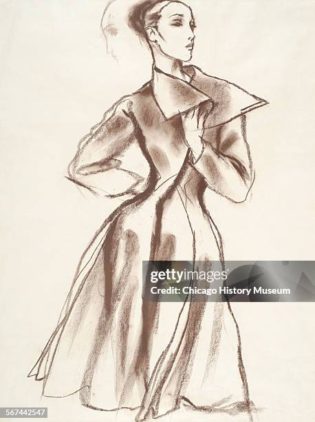 Costume design drawing of knee length coat with center front closure, fitted waist, shawl collar, dolman sleeves, and princess line bodice, 1970....