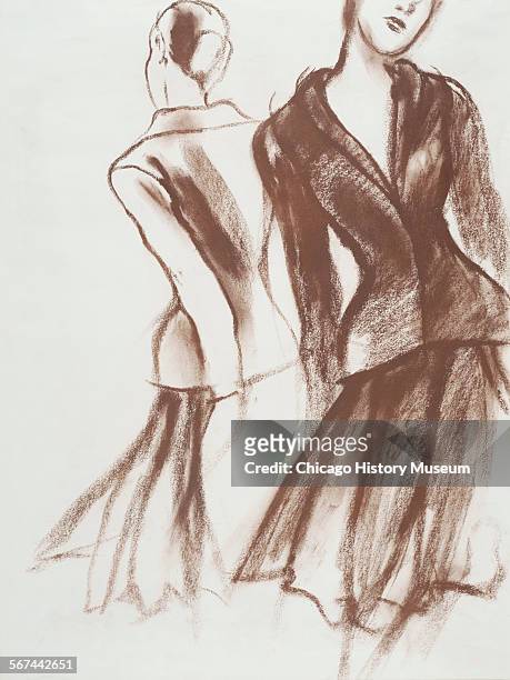 Costume design drawing of suit with roll collar jacket and knee-length gored skirt, 1970. Fashion design by Charles James. Illustration by Antonio...