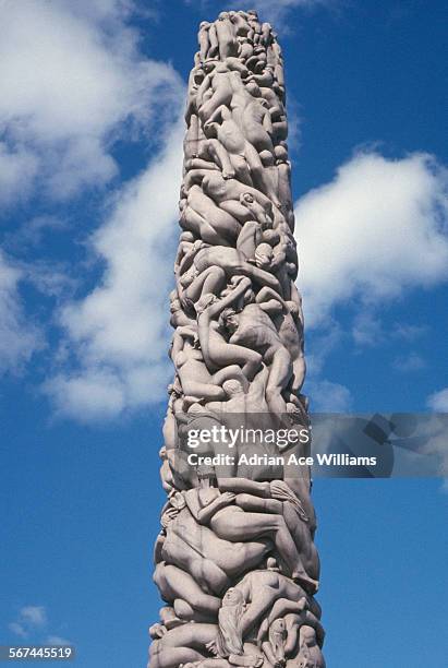 The Monolith, a carved stone totem pole in the Vigeland installation, Frogner Park, Oslo, Norway, circa 1965. Designed by Norwegian sculptor Gustav...