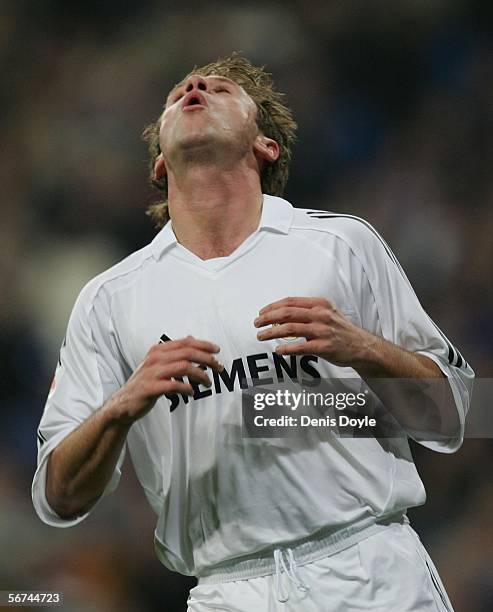 Antonio Cassano of Real Madrid reacts after missing a header at goal during the Primera Liga match between Real Madrid and Espanyol at the Santiago...