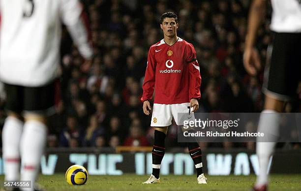 Cristiano Ronaldo of United stands over a freekick during the Barclays Premiership match between Manchester United and Fulham at Old Trafford on...