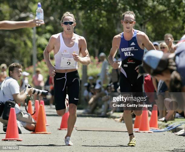 Hamish Carter and Bevan Docherty compete during the run section of the New Zealand Triathlon Championships on February 5, 2006 in Kinloch, Taupo.