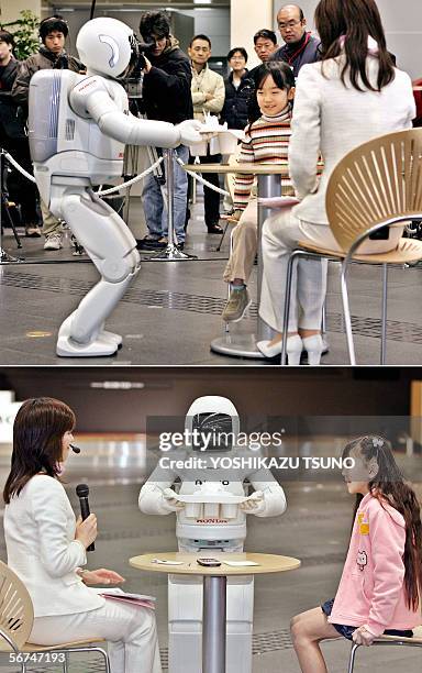 This combo picture shows Japanese auto giant Honda Motor's humanoid robot Asimo, which can run at a speed of 6 kph and also in a circular pattern,...