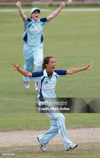 Sarah Andrews of the NSW Breakers celebrates after taking the final wicket to win the 3rd Final and clinch the series between the New South Wales...