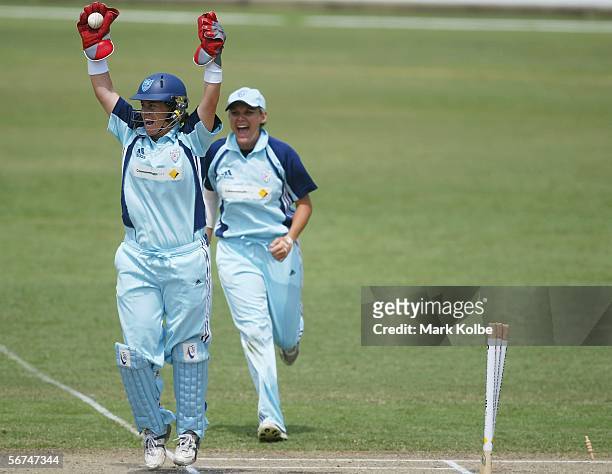 Jenny Wallace of the NSW Breakers celebrates after a run-out during the #rd Final between the New South Wales Breakers and Queensland Fire at North...