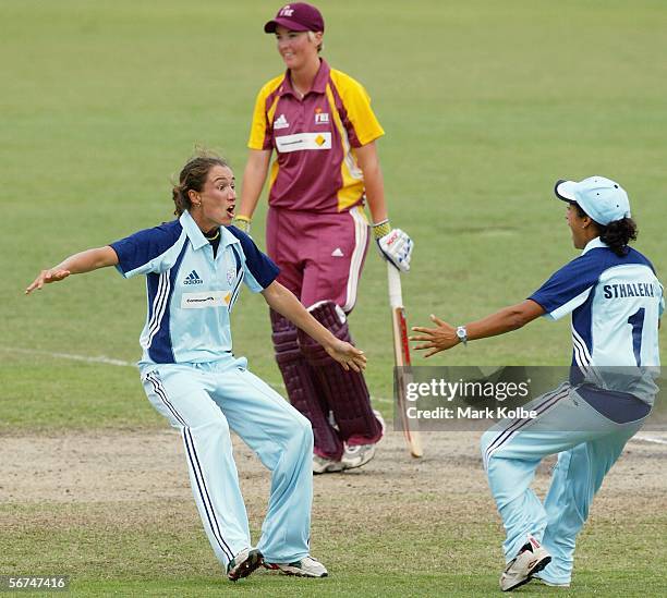 Sarah Andrews and Lisa Sthalekar of the NSW Breakers celebrate after taking the final wicket to win the 3rd Final and clinch the series between the...