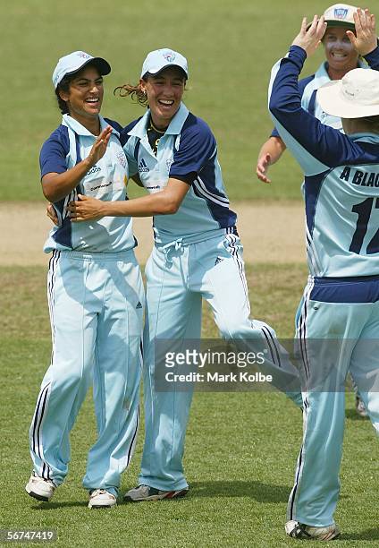 Lisa Sthalekar and Sarah Andrews of the NSW Breakers celebrates after taking the final wicket to win the 3rd Final and clinch the series between the...