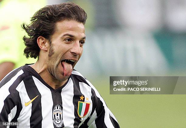 Juventus' forward Alessandro Del Piero sticks-ou his tongue after scoring a goal against Udinese during their serie A football match Juventus-Udinese...