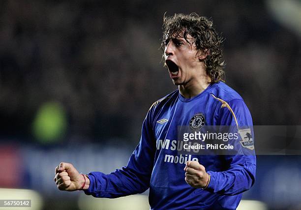 Hernan Crespo of Chelsea celebrates scoring the second goal of the game during the Barclays Premiership match between Chelsea and Liverpool at...